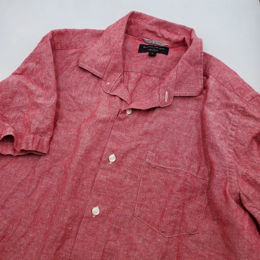 Banana Republic Mens Linen Slim‎ Fit Short Sleeve Button Down Shirt Red Large